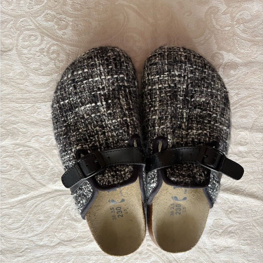 Elegant Black and Gray Tweed Mules